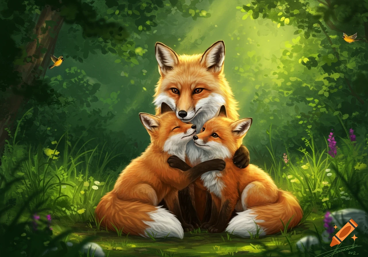 A vibrant digital painting of an orange mother fox hugging two kits in a lush green forest with dappled sunlight.