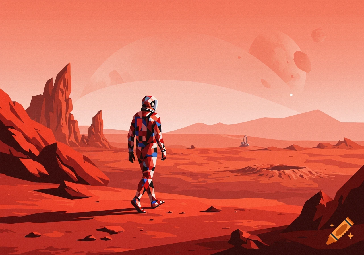 Geometric Pop Art of an astronaut walking on a red Martian landscape with planets in the sky.