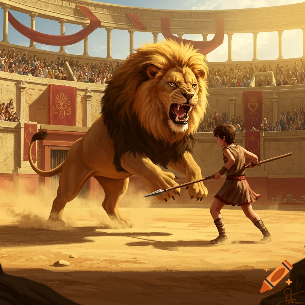 A young boy with a spear confronts a roaring lion in a sunlit ancient coliseum filled with spectators. Digital art.