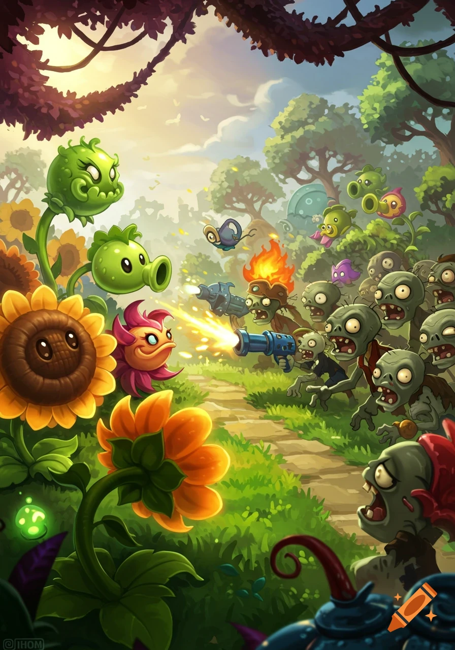 Cartoon plants like peashooters and sunflowers battle a horde of zombies on a path in a vibrant, animated style.