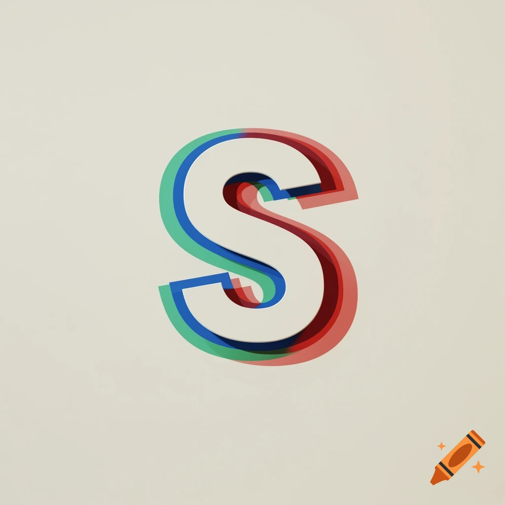 A bold white capital letter S with offset blue, green, and red chromatic shadows on a neutral background in a minimalist style.