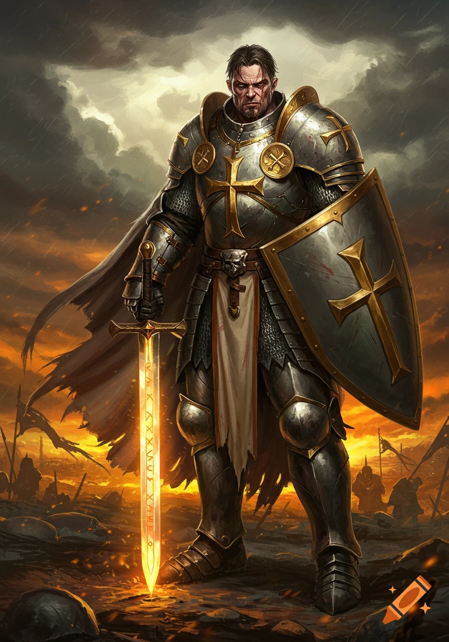 A powerful crusader knight in full plate armor holds a glowing sword and shield on a war-torn battlefield under a dramatic sky.