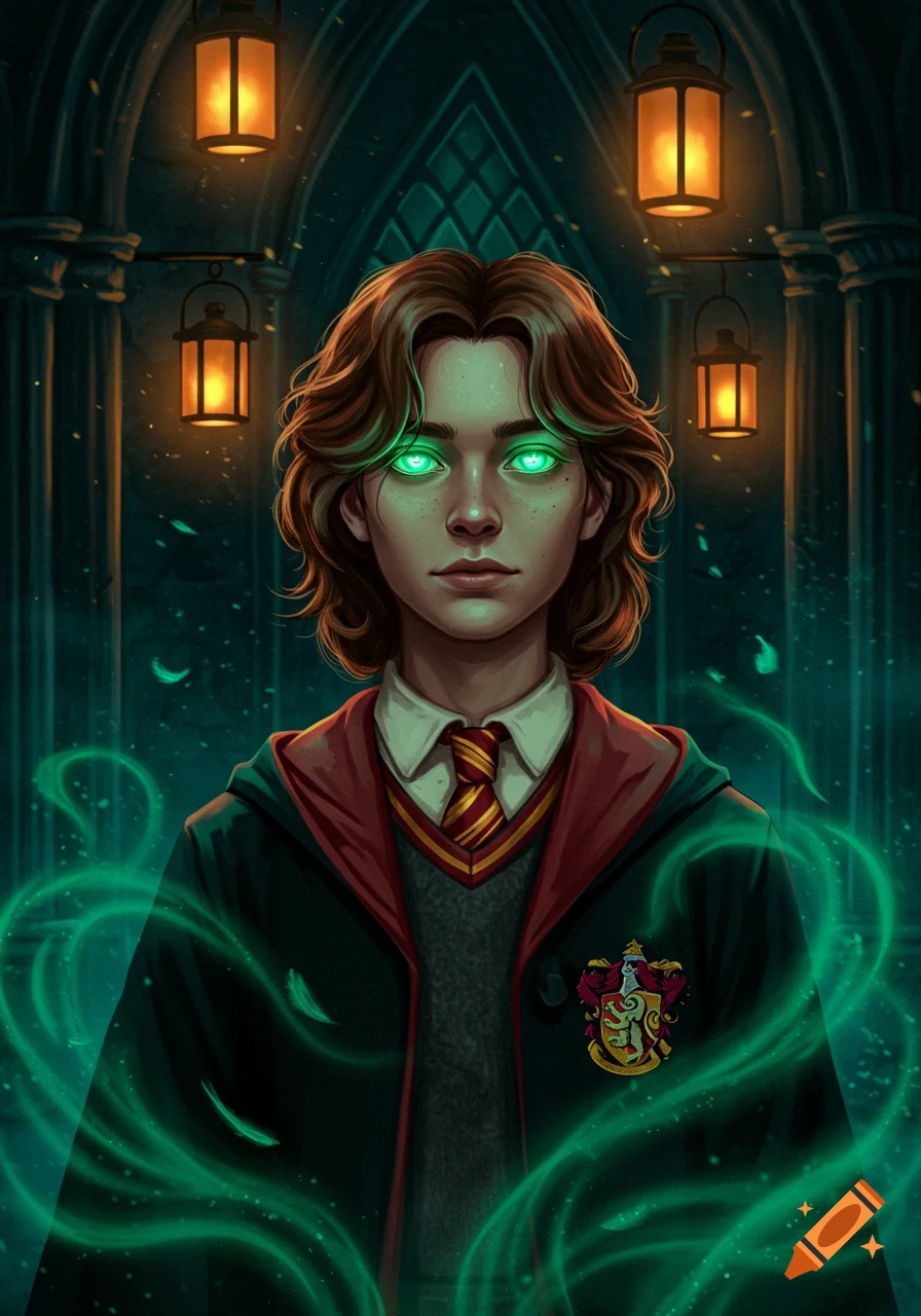 A portrait of a young Hogwarts Gryffindor student with glowing neon green eyes and a serious expression, surrounded by green magical energy in a dimly lit castle hallway with lanterns.