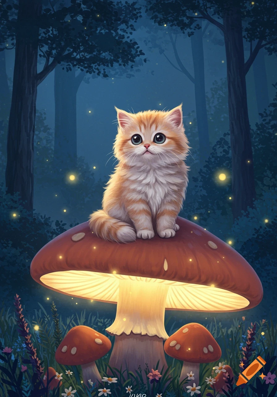 A cute fluffy orange kitten sits on a large glowing mushroom in a dark, magical forest with fireflies.