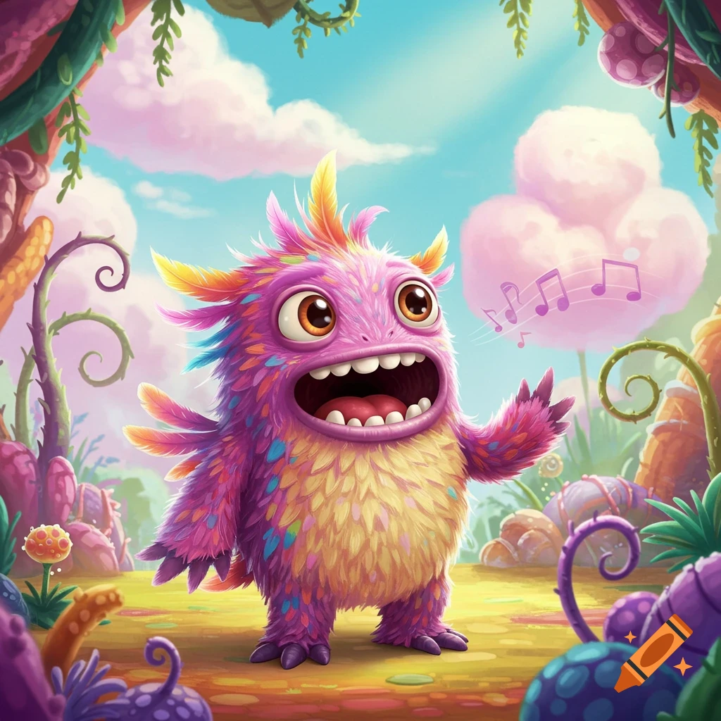 A colorful, fluffy pink and yellow monster with big eyes sings in a whimsical, pastel fantasy landscape with swirling plants and pink clouds.