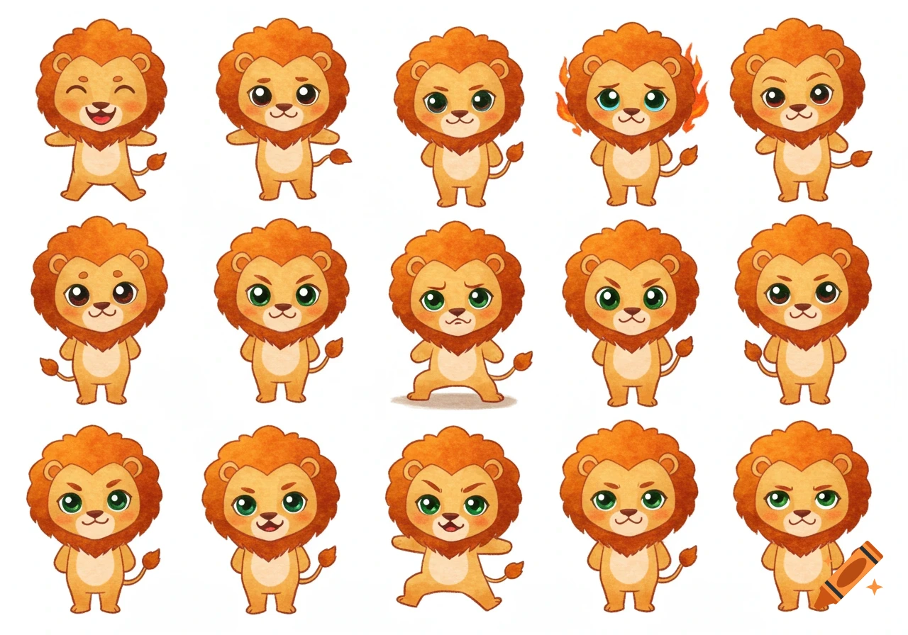 A grid of fifteen cute watercolor chibi-style lions, each with a different facial expression.