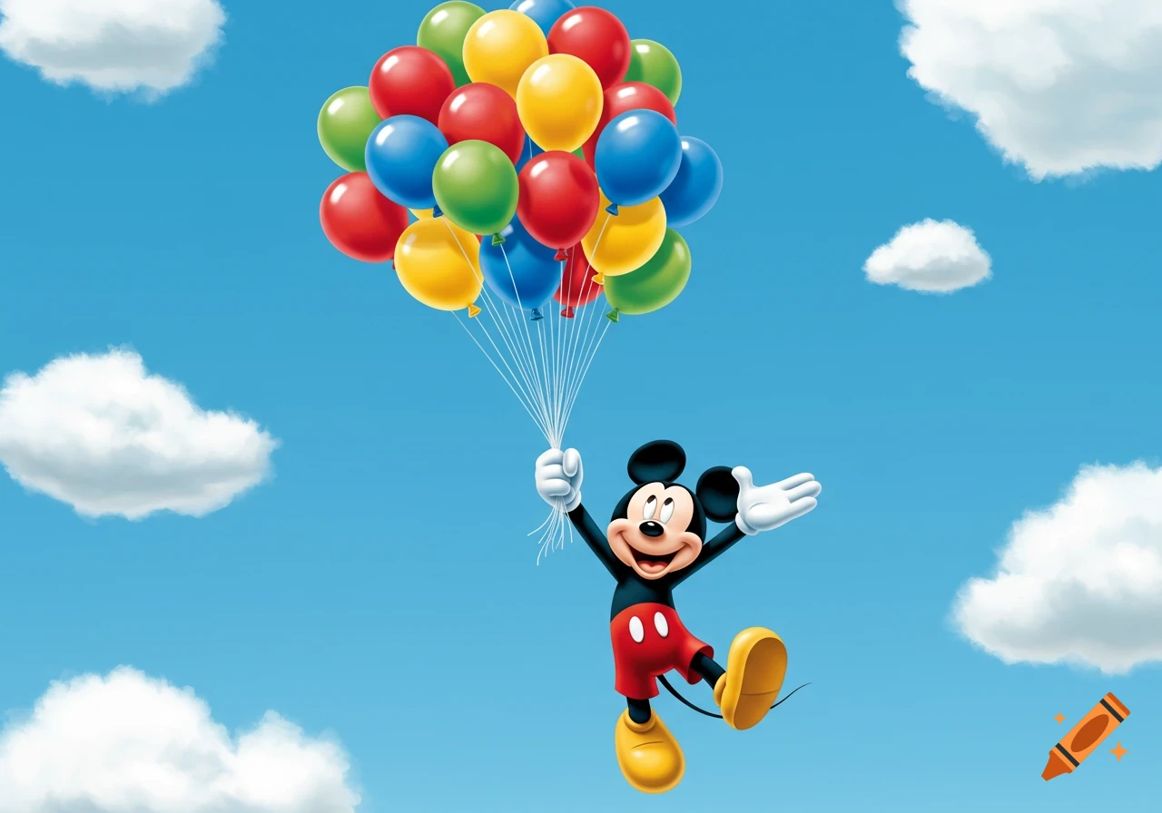 Mickey Mouse flying high in a blue sky, holding a large bunch of colorful balloons.