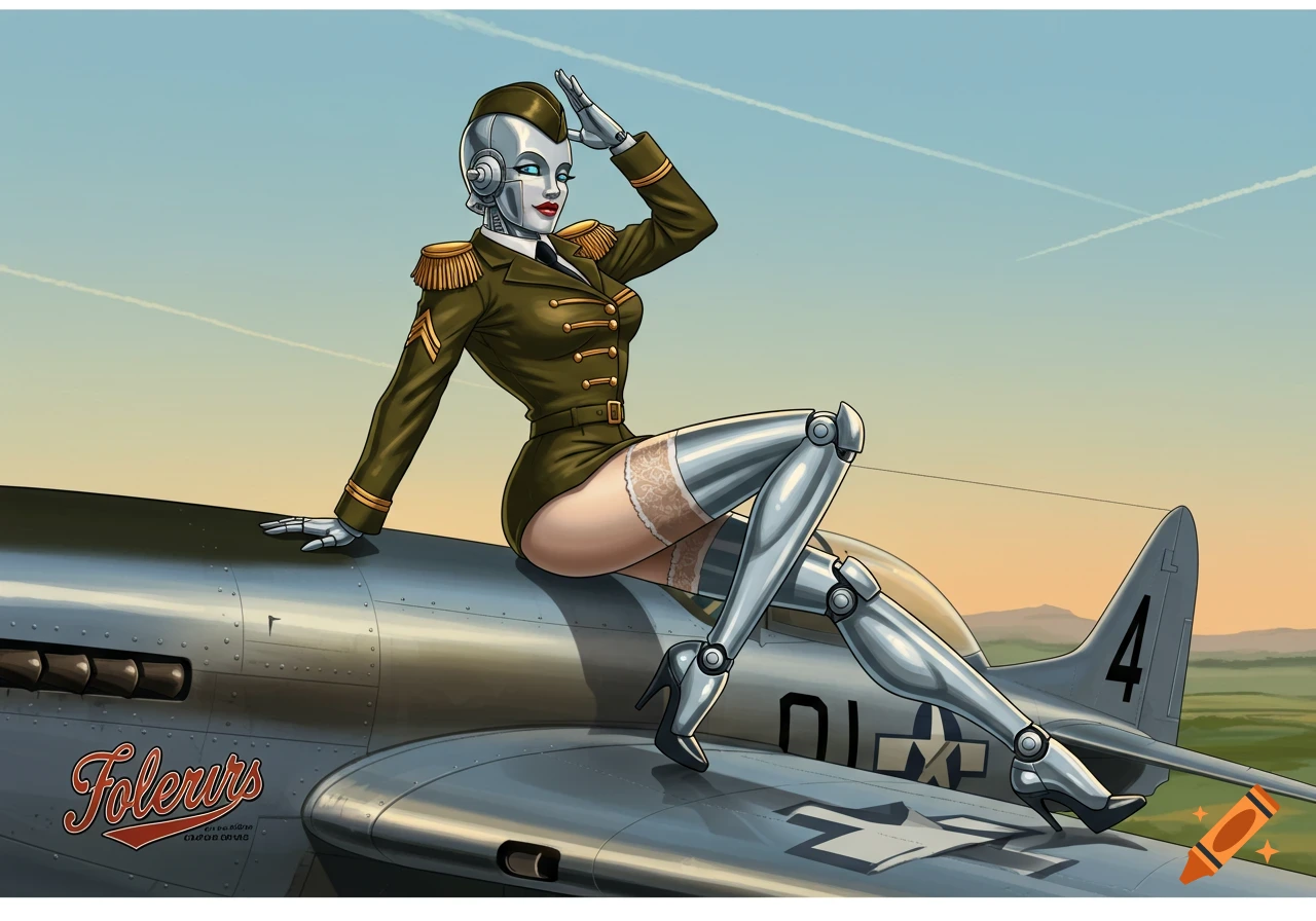 Retro illustration of a feminine robot in a military uniform and stockings posing on an airplane wing.