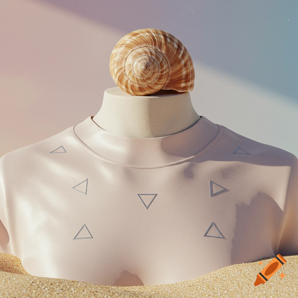 A minimalist image of a pink t-shirt on a mannequin bust with a seashell on its neck, half-buried in sand.