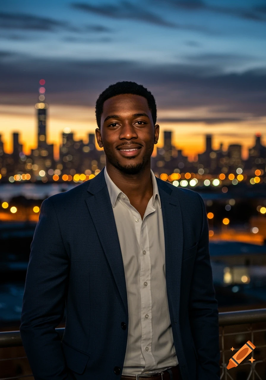 A smiling Black man in a suit stands on a rooftop with a blurred city skyline at dusk behind him. Photorealistic.