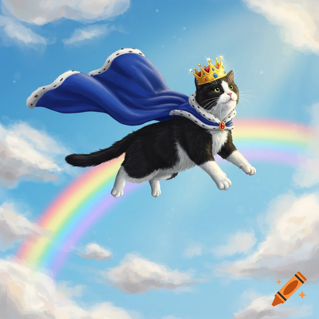 A black and white cat wearing a golden crown and a blue cape flies across a bright blue sky with white clouds and a colorful rainbow.