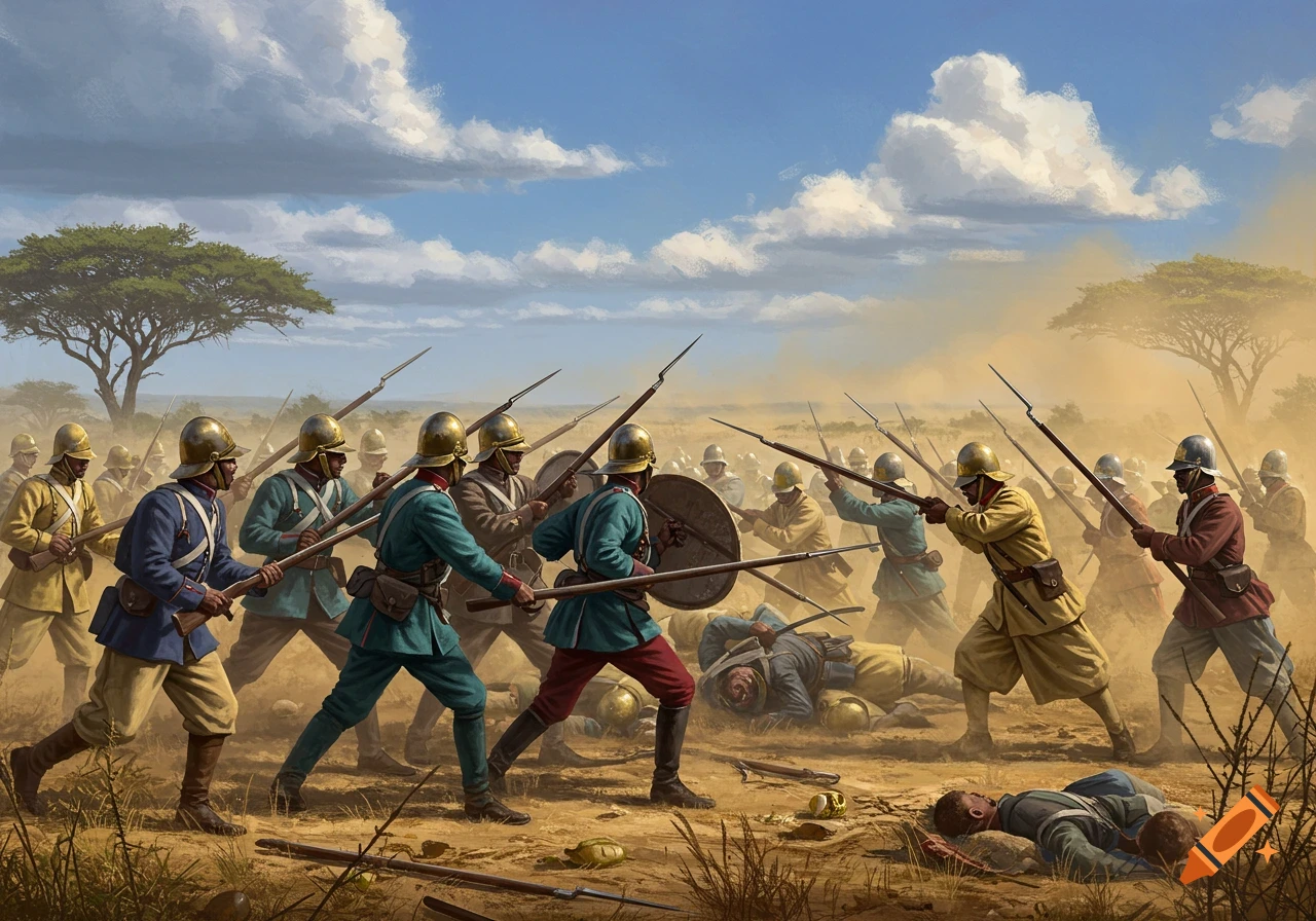 A detailed painting depicts teal, yellow, and green uniformed soldiers in a dusty battle, some fallen, under a cloudy sky.
