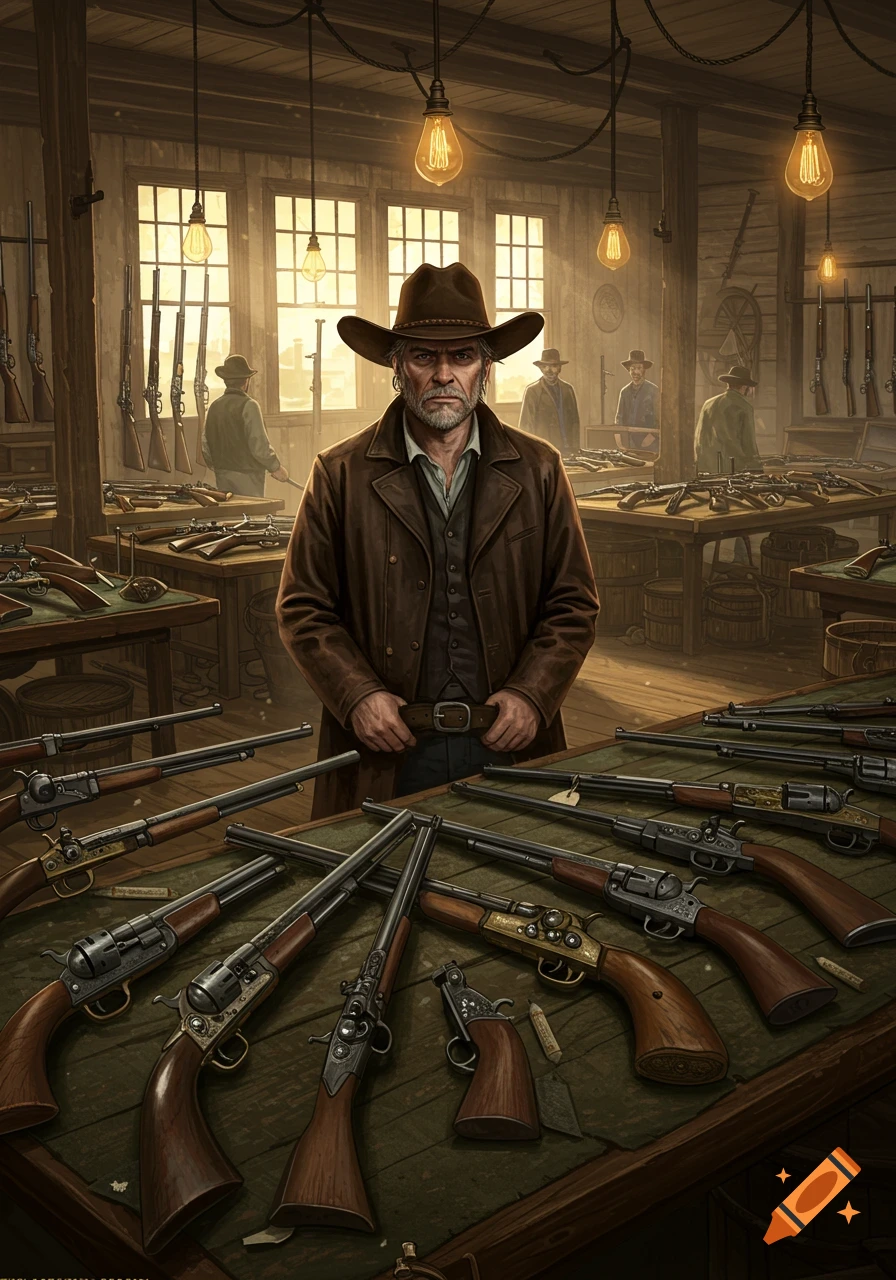 A grizzled man in a cowboy hat stands behind a table laden with guns in a vintage-style armory, with more firearms lining the walls.