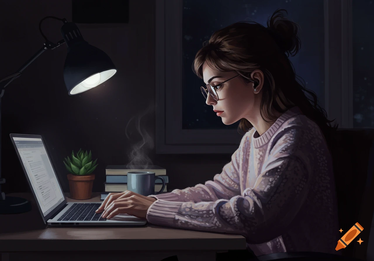 Digital art illustration of a girl with glasses working on a laptop at night, with a steaming mug and plant on her desk.