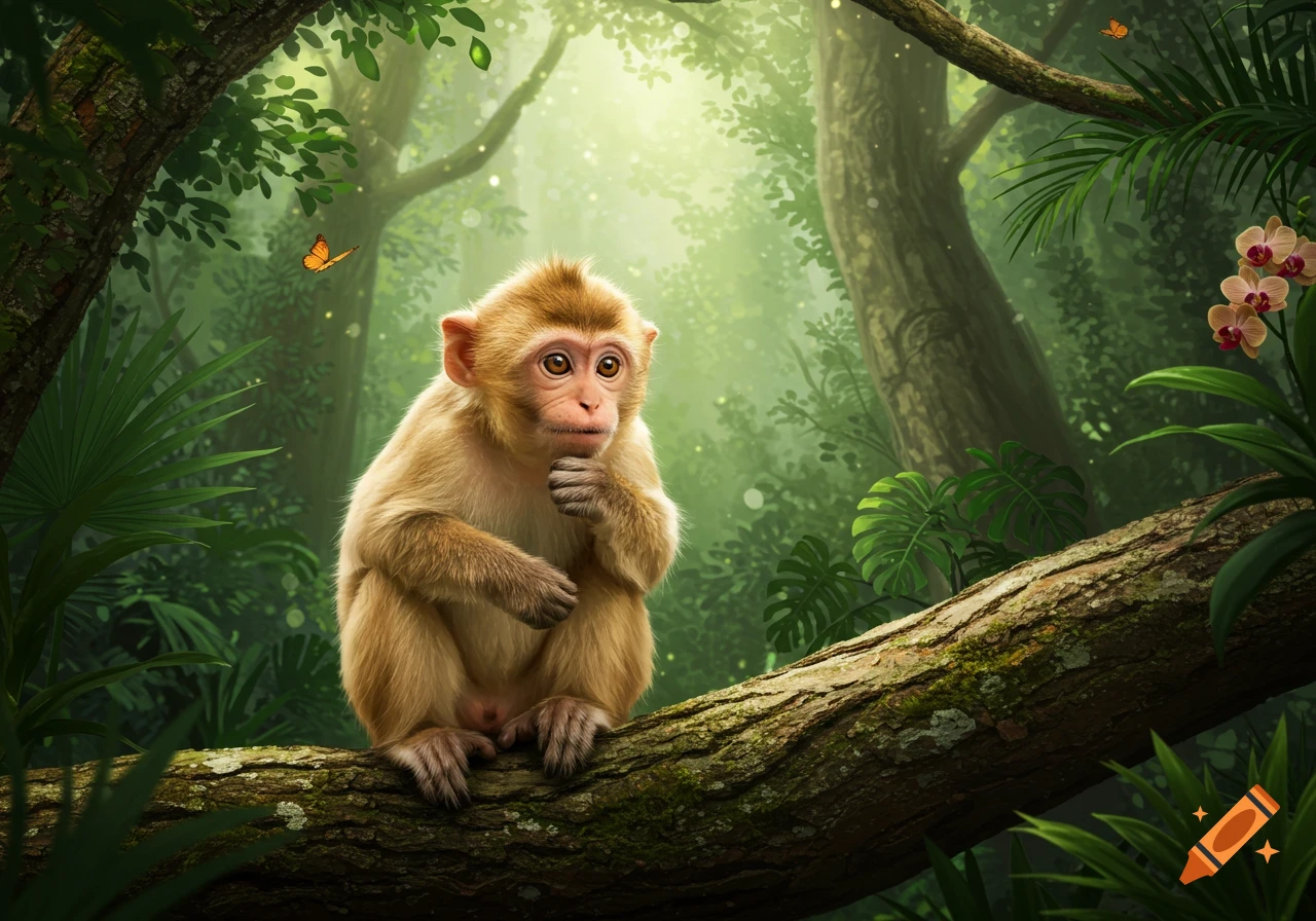 A stylized monkey with light fur sits on a tree branch in a bright, lush jungle, with butterflies and orchids.