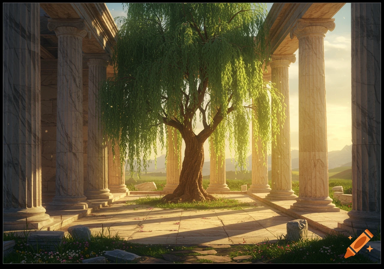 A vibrant willow tree stands among ancient Greek temple columns, bathed in golden sunlight.