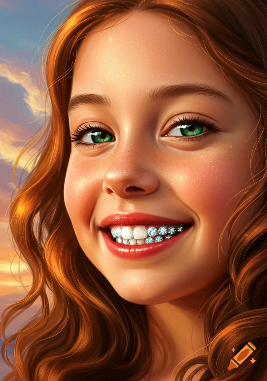 Close-up portrait of a smiling girl with red hair, green eyes, and diamond-studded teeth against a sky background.