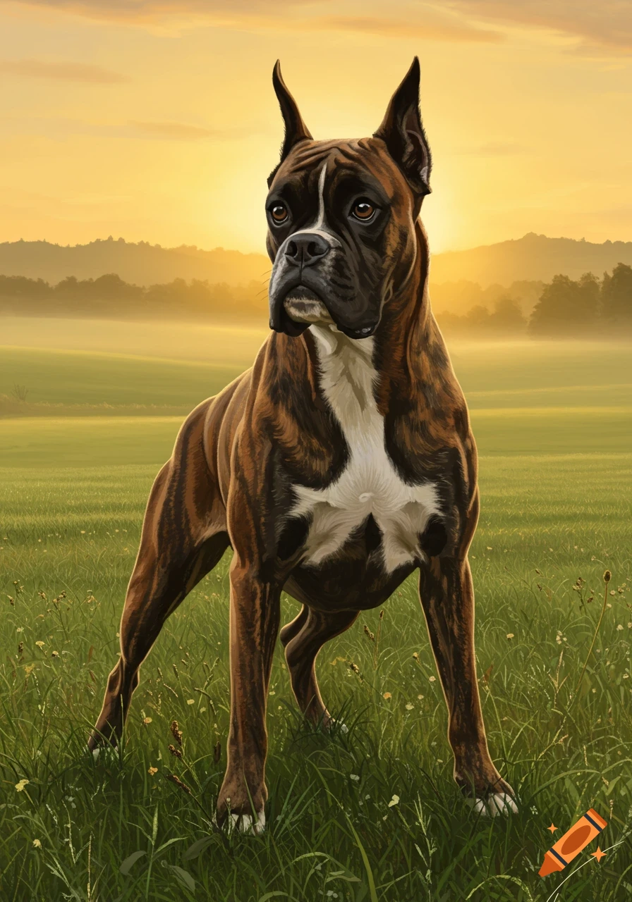 A brindle and white boxer dog stands in a grassy field at sunset, with misty mountains in the background.