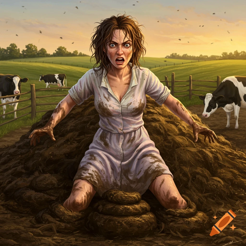 An angry woman is stuck in a large pile of manure in a farm field at sunset with cows in the background.