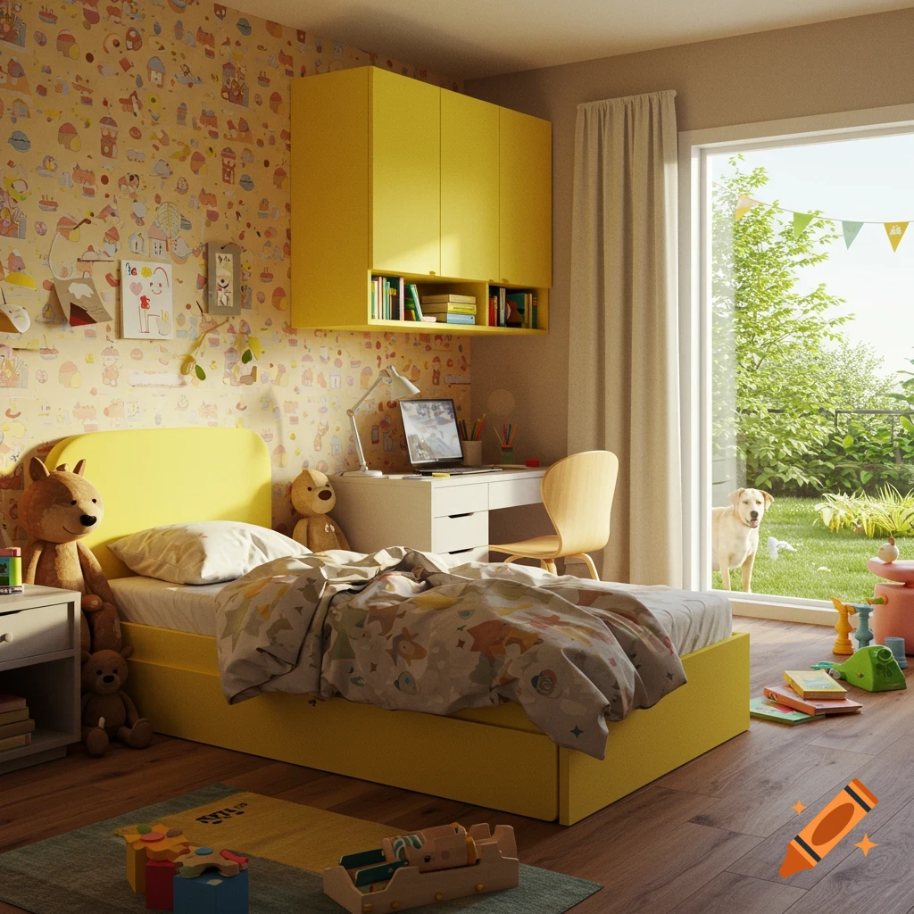 A hyperrealistic image of a messy kids bedroom with a yellow bed, desk, and a dog looking in from outside the window.