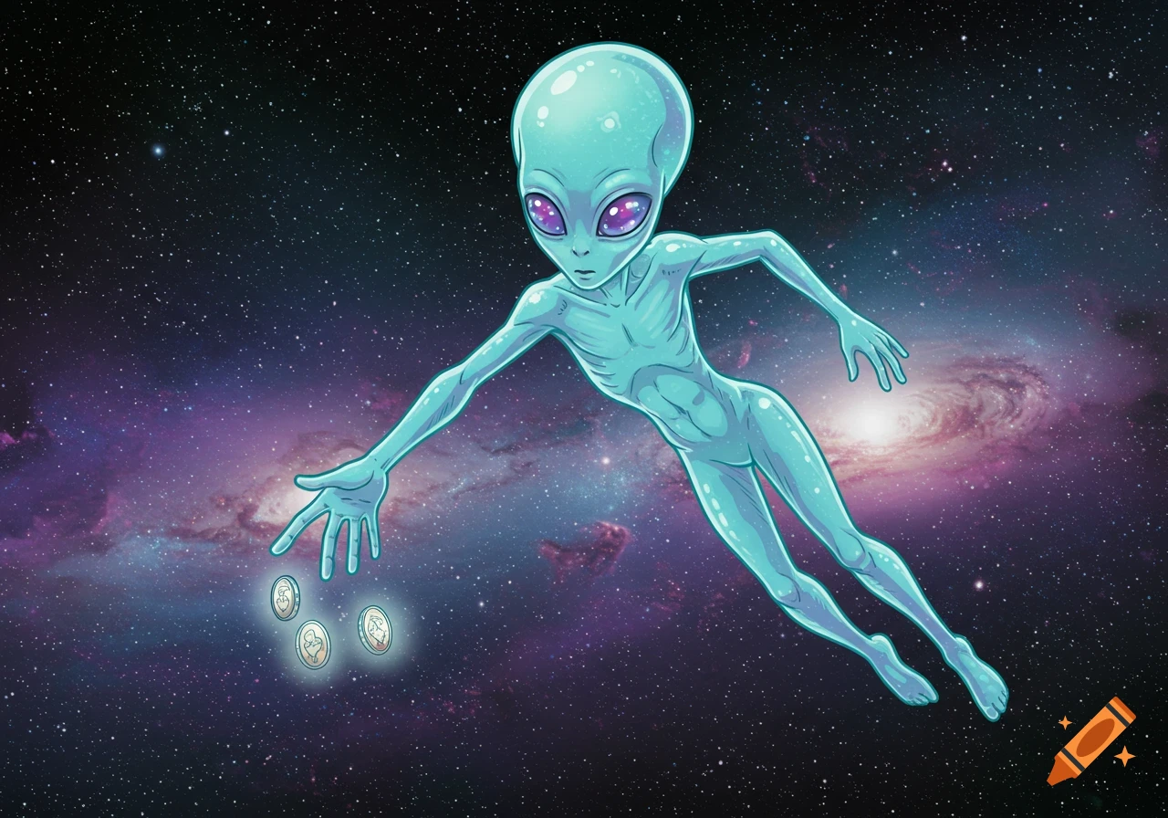 A stylized blue alien with large eyes floats in deep space, reaching toward three glowing coins, in a comic style.
