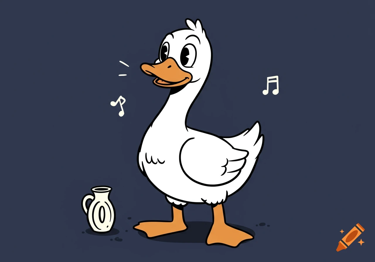 A cartoon goose with an orange beak and feet, singing musical notes, in the style of Cuphead, with a small jug.