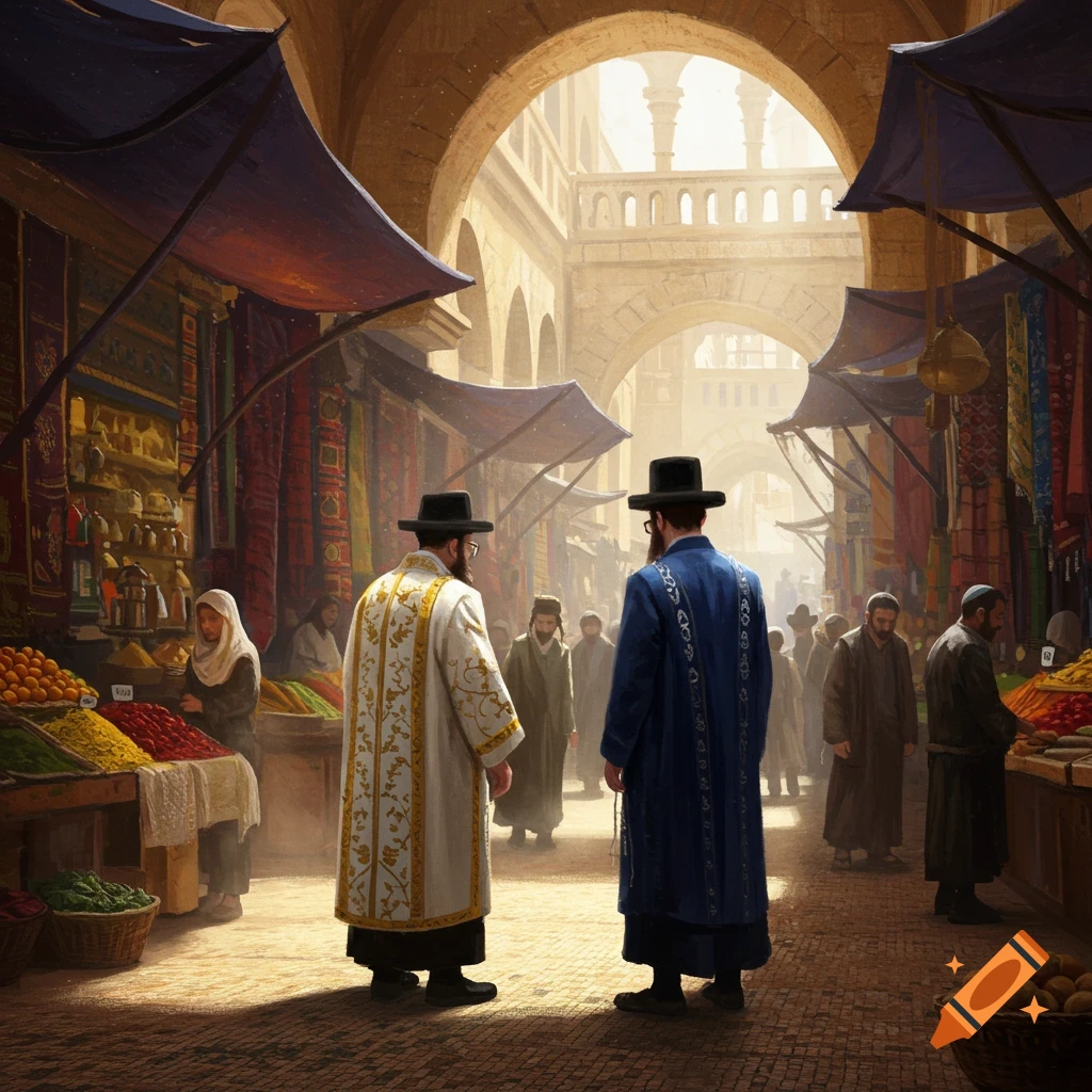 Two men in religious attire stand in a bustling marketplace with stalls of fruits and fabrics, their faces and those of the crowd blurred.
