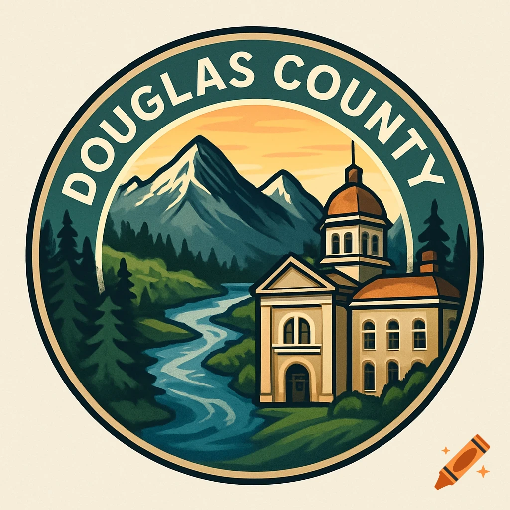 A circular stylized logo featuring snow-capped mountains, a river, trees, and a classical building with a dome. Douglas County text on top.