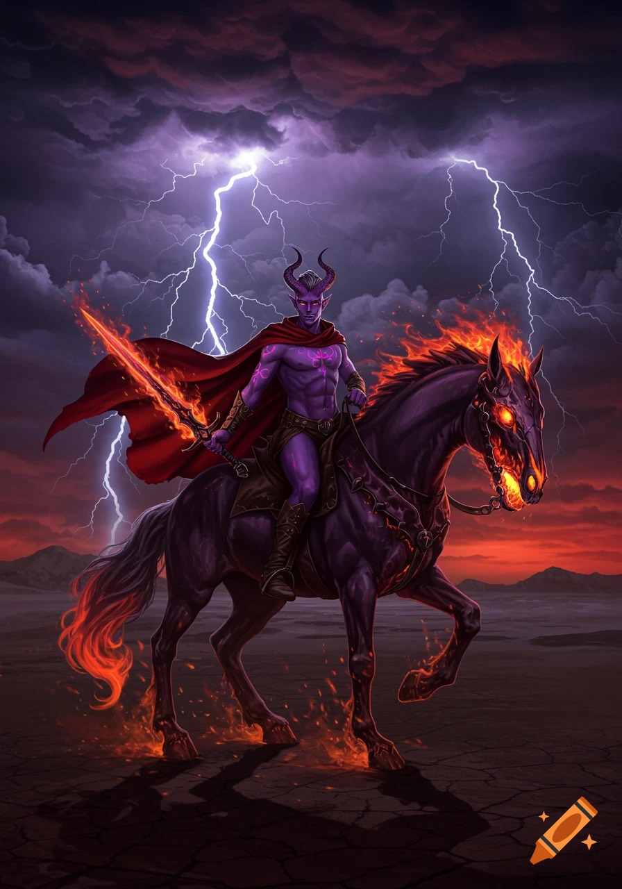 A purple-skinned tiefling on a flaming black nightmare with a sword, under a lightning storm.
