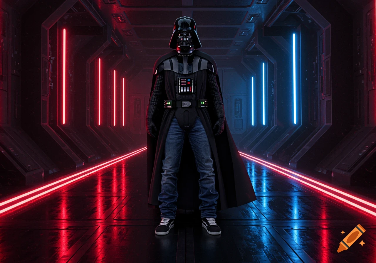 A photorealistic image of Darth Vader wearing jeans and sneakers, standing in a dark sci-fi corridor with glowing red and blue neon lights.