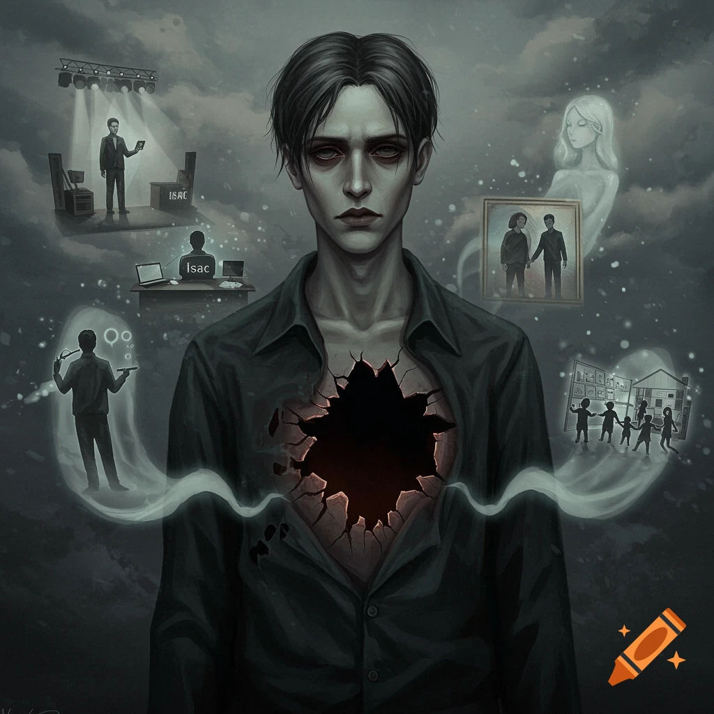 A melancholic gothic man with a hollow chest, surrounded by ghostly apparitions of his unfulfilled dreams on a dark background.