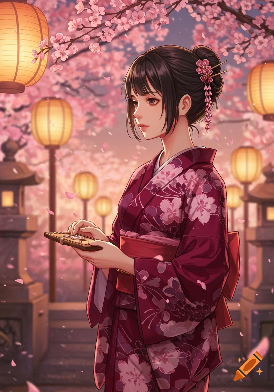 Anime illustration of a woman in a maroon kimono standing under blooming cherry blossoms and glowing lanterns at dusk.