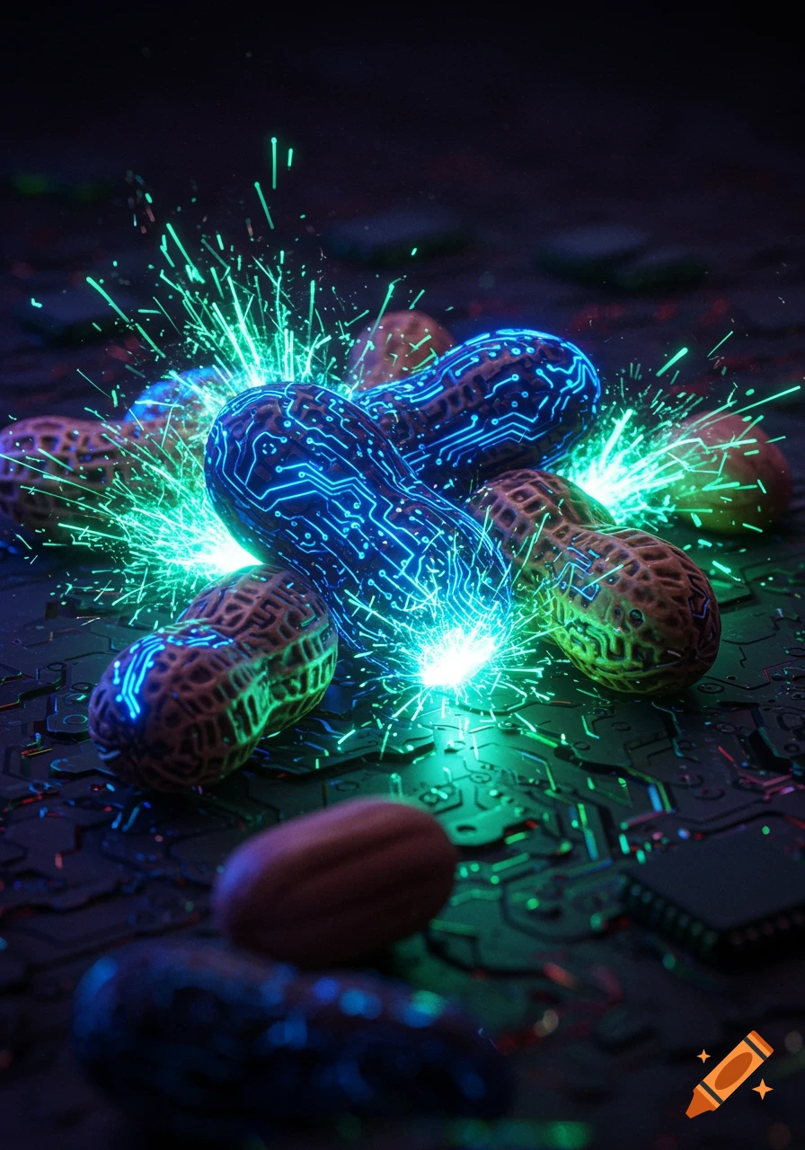 Peanuts with glowing blue circuit patterns sparking on a dark circuit board.