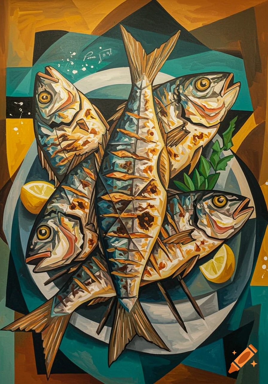Vibrant abstract painting of grilled fish with lemons on a plate against a geometric background.