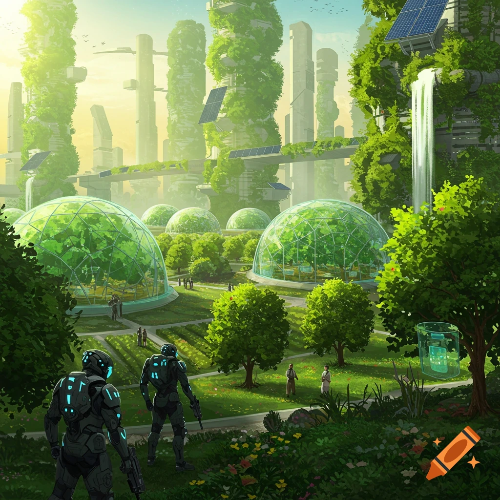 A futuristic agricultural city with large glass domes, vertical farms on skyscrapers, and two armored figures in the foreground.