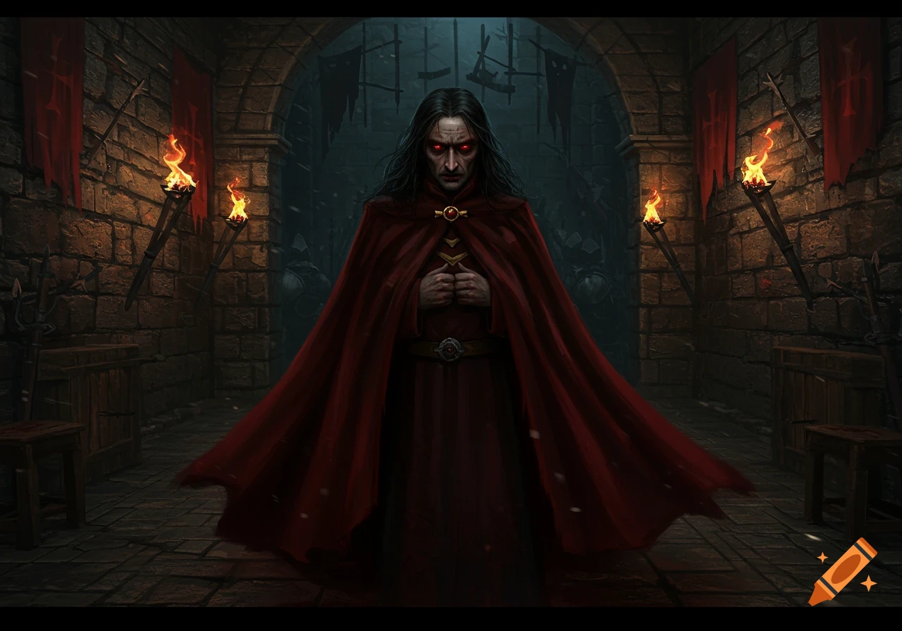 A man resembling Vlad the Impaler with long dark hair and red eyes, wearing a flowing red cape, stands in a dark stone castle hall illuminated by torches.