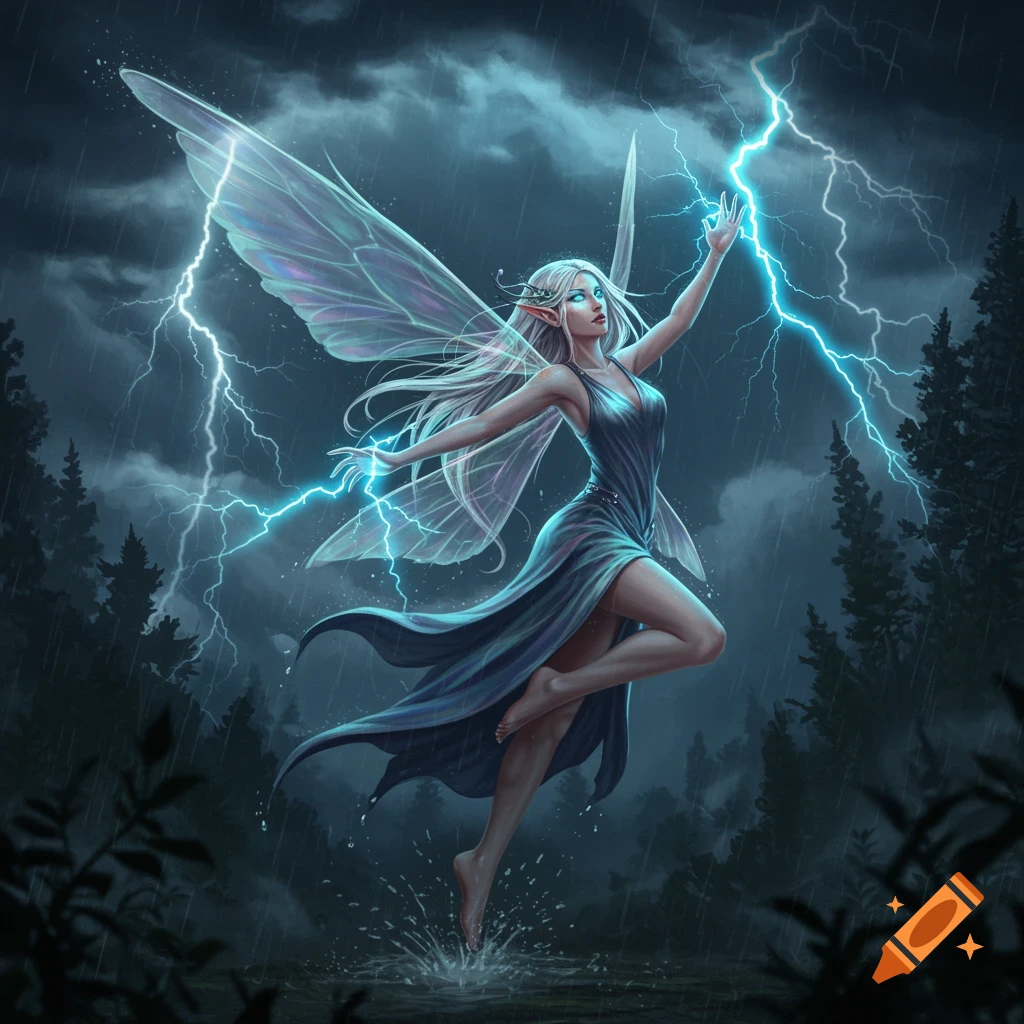 A female sprite with long white hair and wings casts lightning bolts in a stormy forest, rain falling around her.