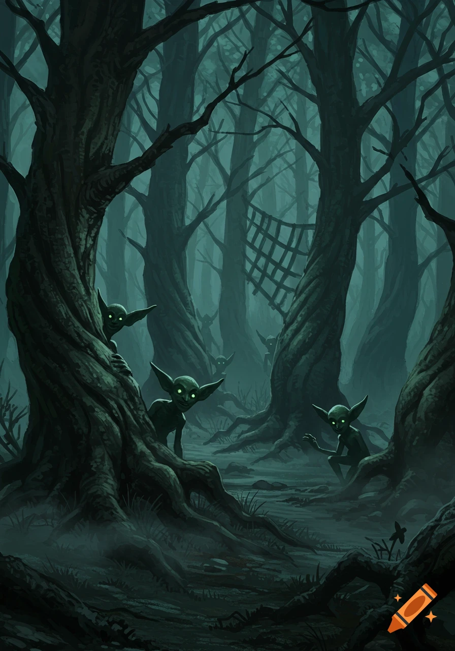 A dark, misty fantasy illustration of small, green goblins with glowing eyes peeking from behind twisted trees in a dense forest.