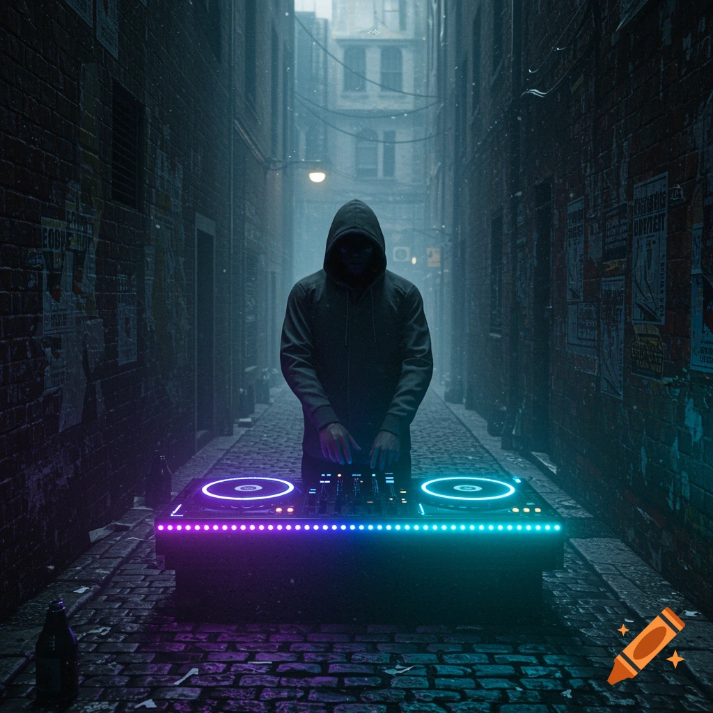 A hooded figure stands in a dark, grimy alley, illuminated by the neon glow of DJ decks with swirling purple and blue lights.