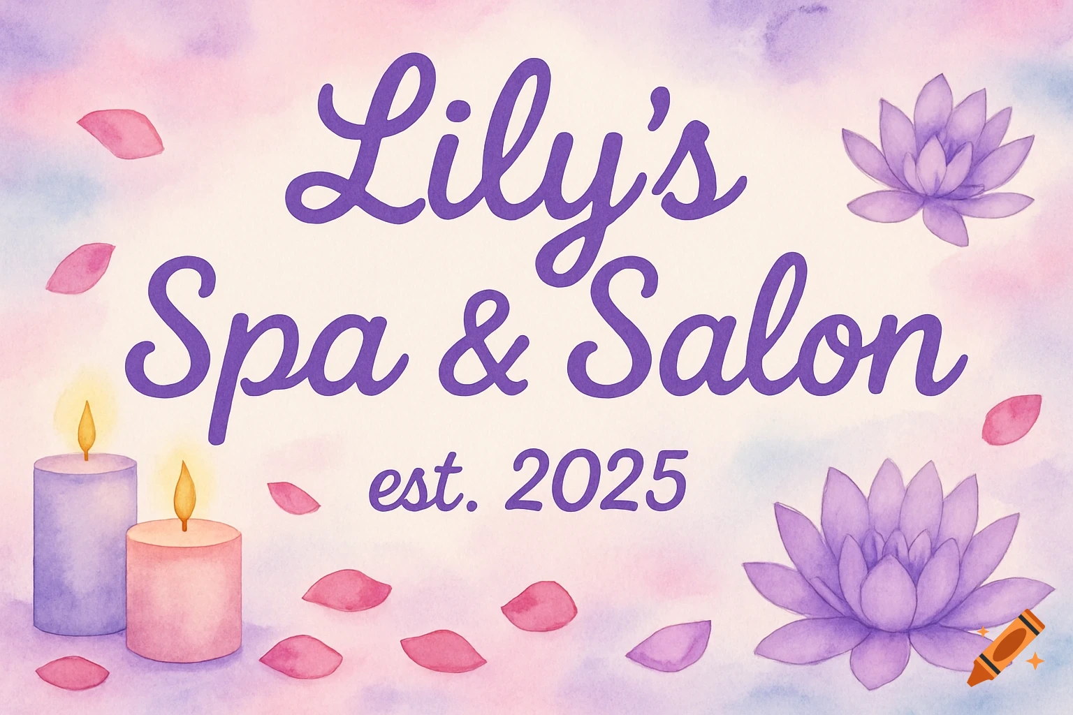 A watercolor sign for Lily's Spa & Salon est. 2025, with pastel background, candles, lotus flowers, and rose petals.