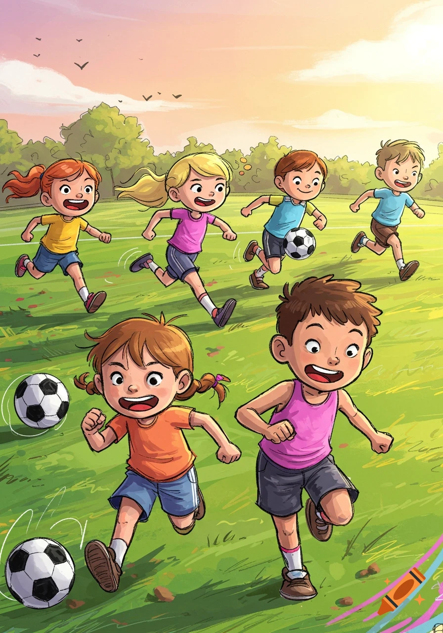Cartoon children playing soccer on a grassy field at sunset.