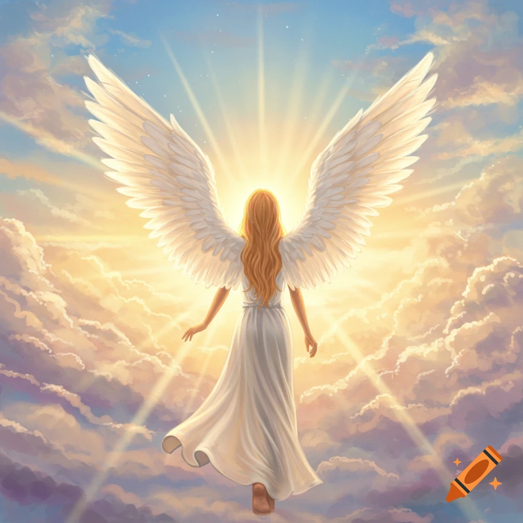 An angel with large white wings ascends into a bright, golden sky filled with clouds, viewed from the back.