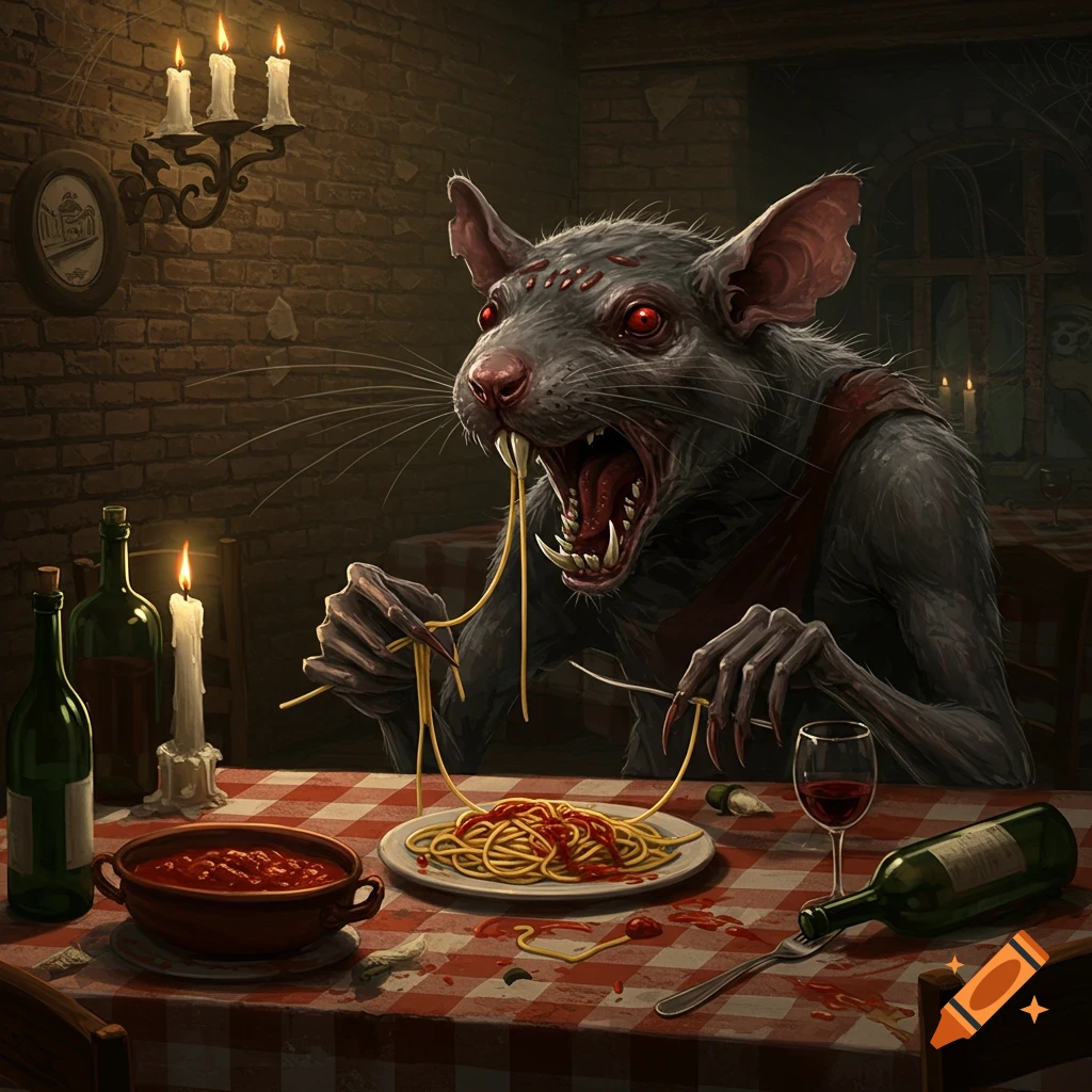 A monstrous, red-eyed rat in an apron greedily eats spaghetti with a fork in a dimly lit, brick-walled dining room.