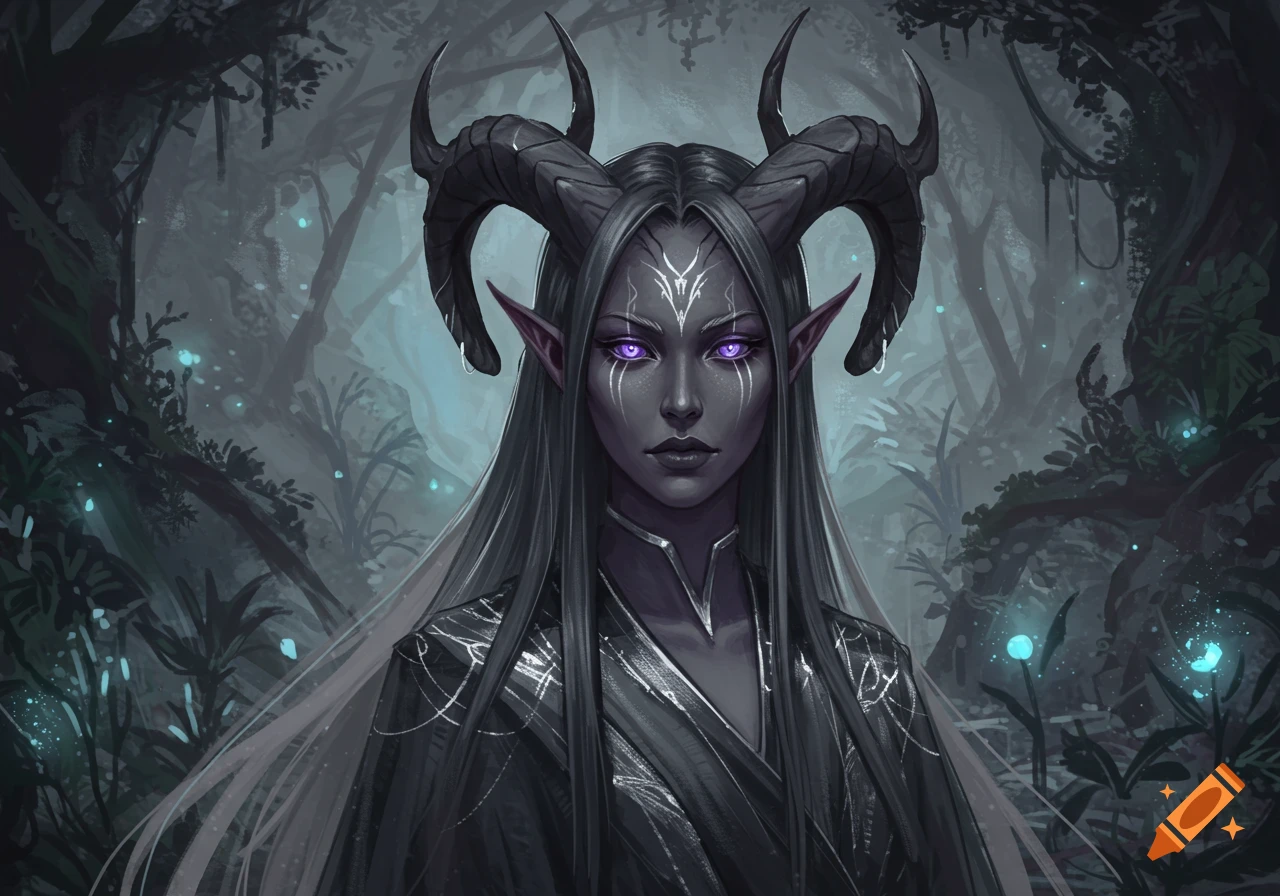 Fantasy portrait of a dark tiefling woman with large black horns, glowing purple eyes, and white facial markings in a dark mystical forest.