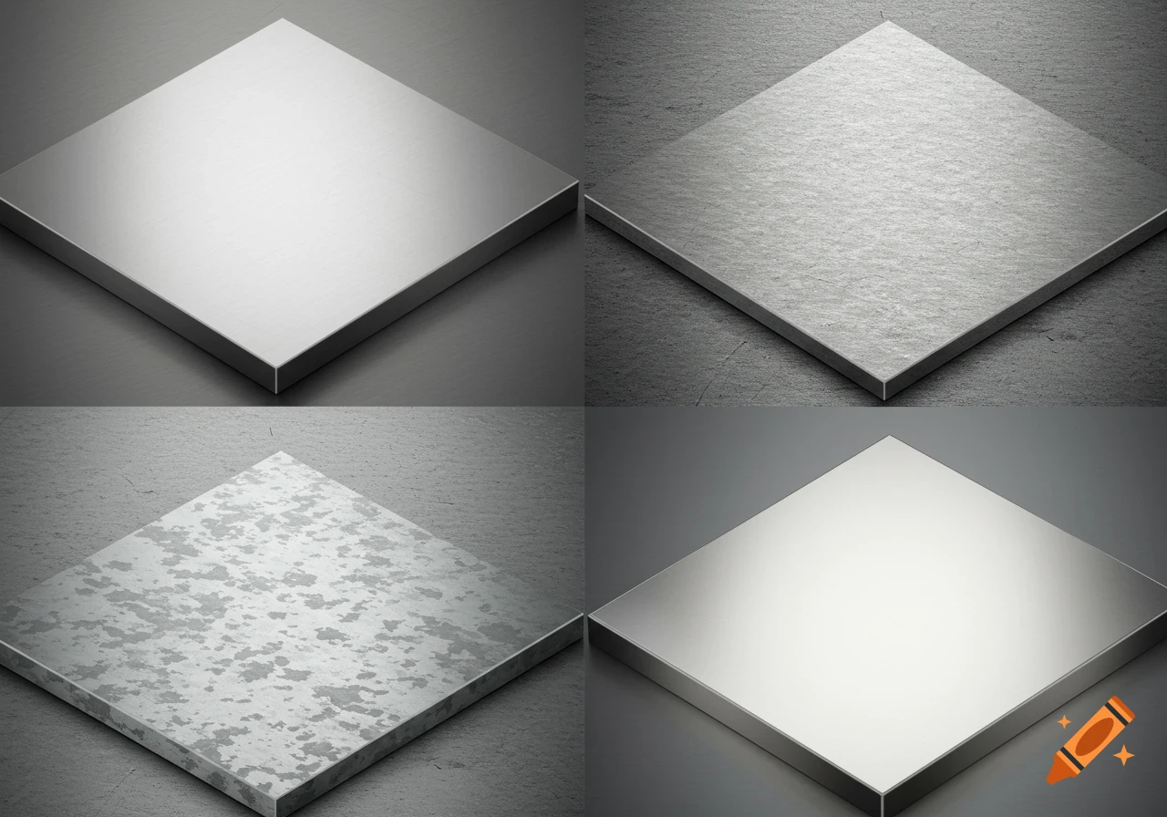 A four-panel grid displays different metallic textures: smooth aluminum, rough cold-rolled steel, speckled galvanized steel, and polished stainless steel.