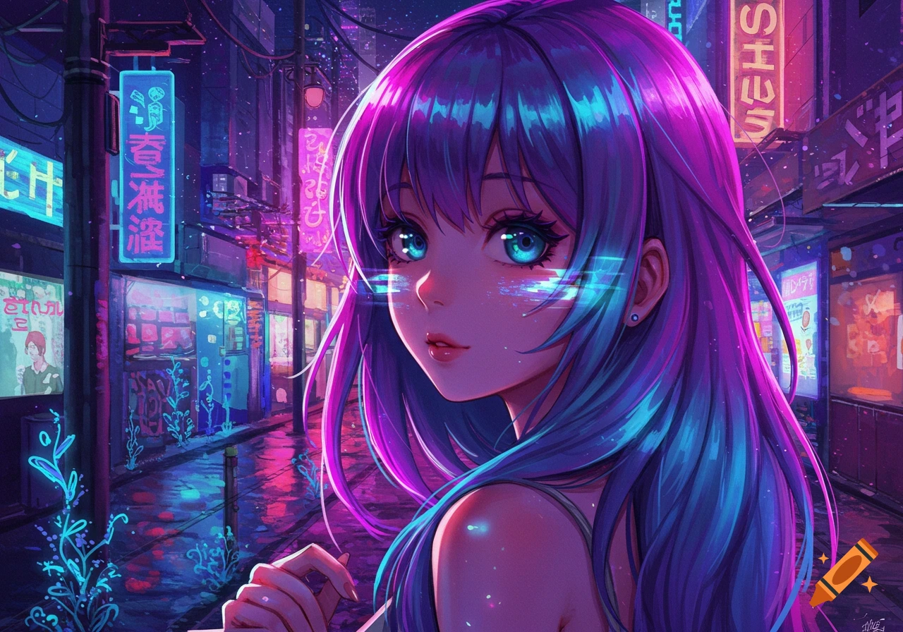 A vibrant anime girl with long purple and blue hair and glowing blue eyes looks over her shoulder in a neon-lit cyberpunk city at night.