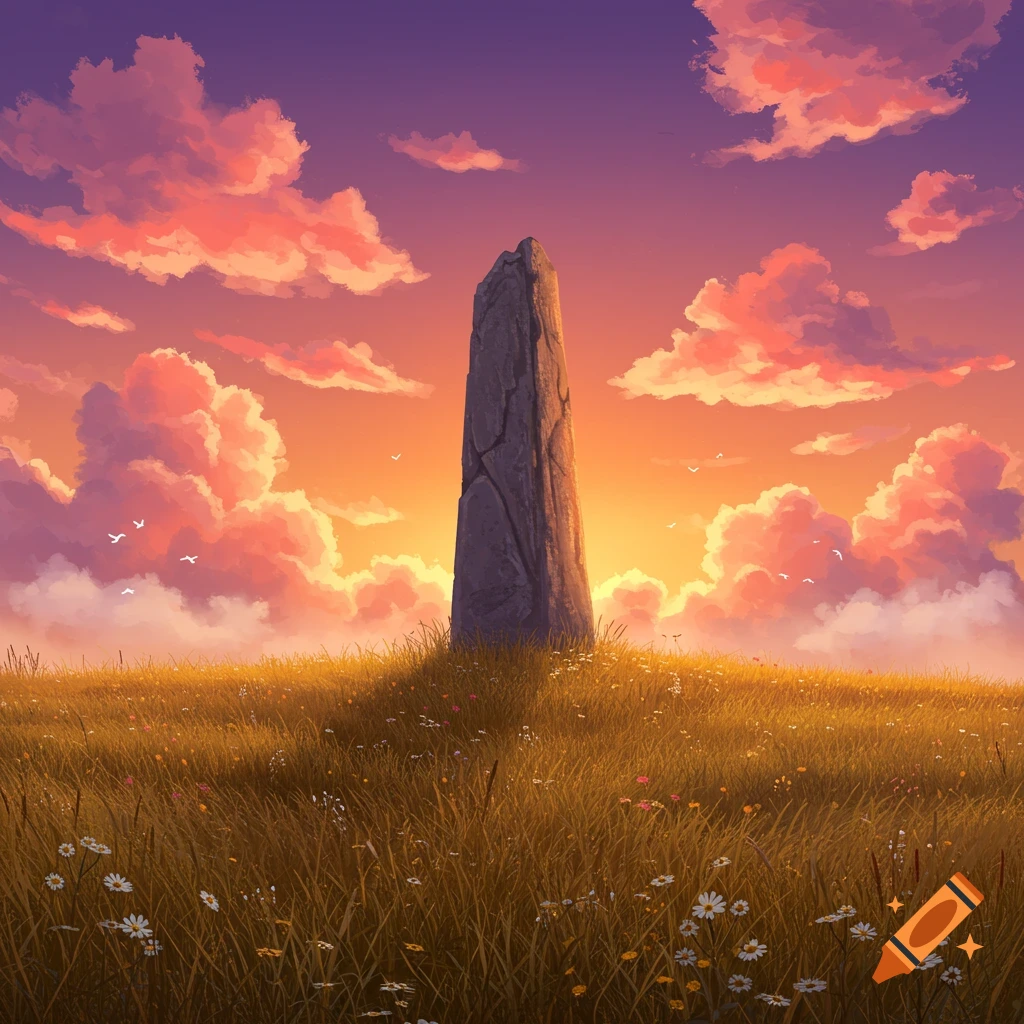 A large standing stone in a field of tall grass with wildflowers under a vibrant sunset sky.
