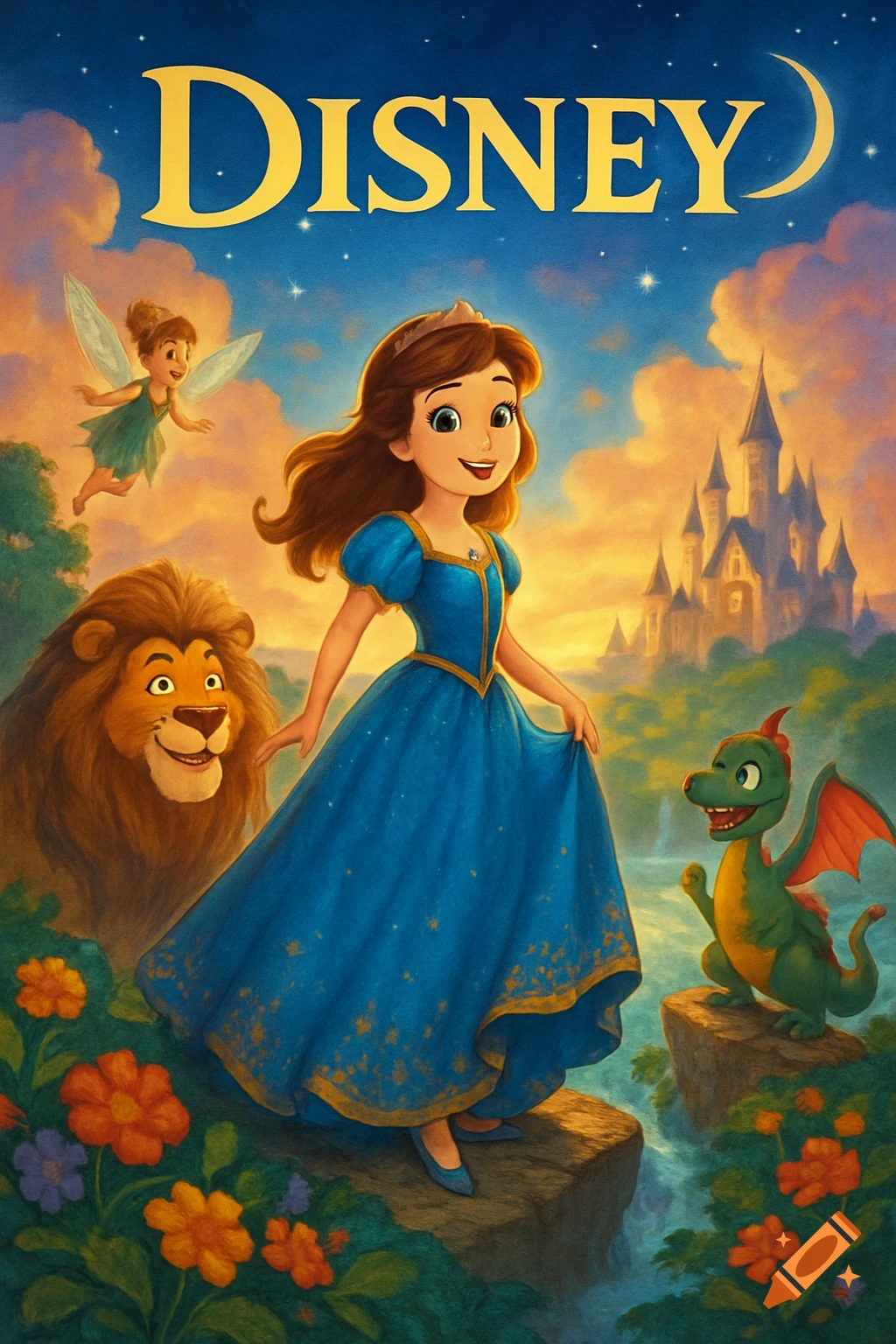 Illustrated Disney movie cover with a princess, fairy, lion, and dragon in an enchanted landscape with a castle.