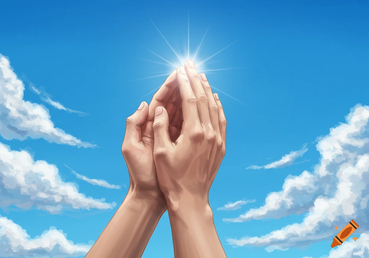 An illustration of two hands clasped together and pointing upwards towards a bright, star-like light in a vibrant blue sky with white clouds.