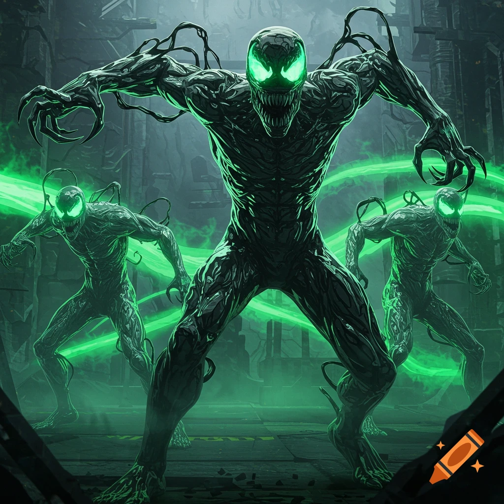 Three dark, monstrous symbiote creatures with glowing green eyes stand in a shadowy, industrial environment, surrounded by green energy.